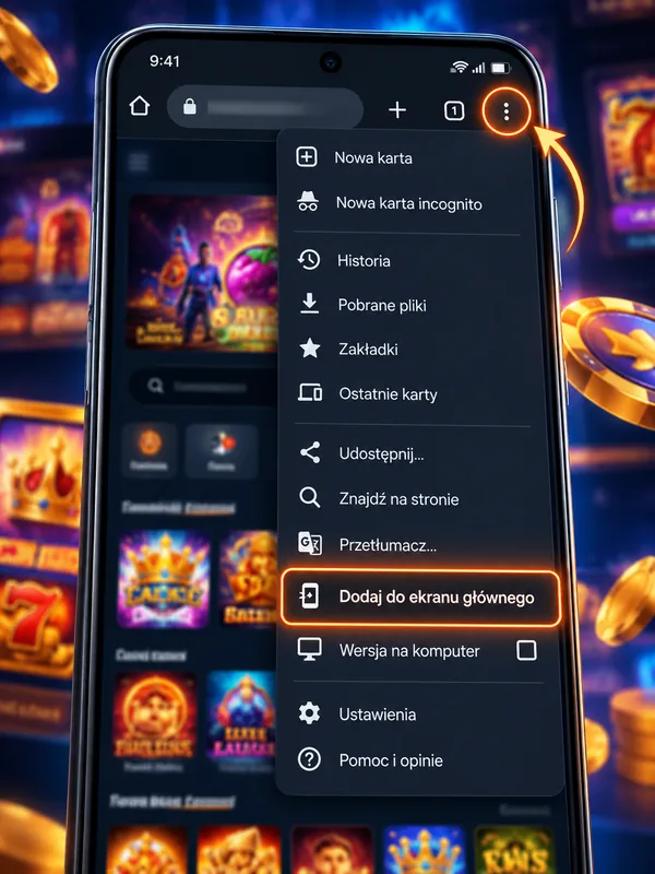 Dodawanie Bison Casino do ekranu głównego telefonu – menu przeglądarki z opcją Dodaj do ekranu głównego
