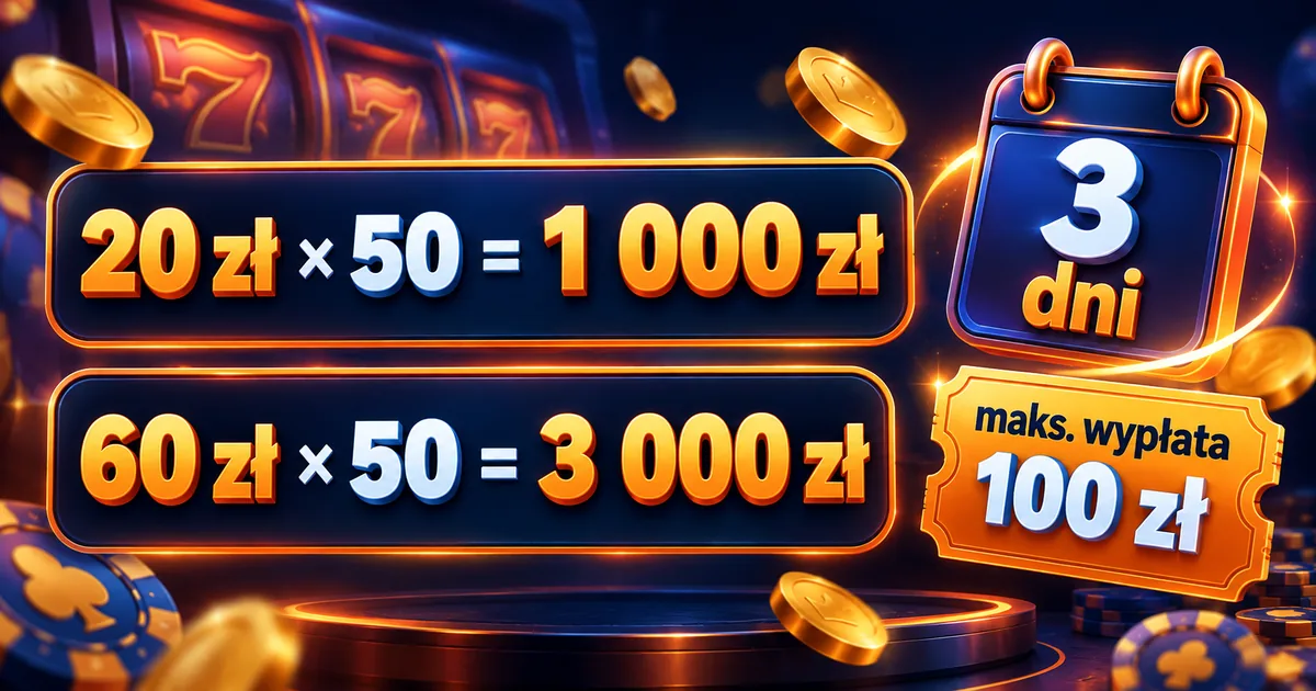 Infografika obrotu kodu bez depozytu Bison Casino: 20 zł × 50 = 1 000 zł, 60 zł × 50 = 3 000 zł