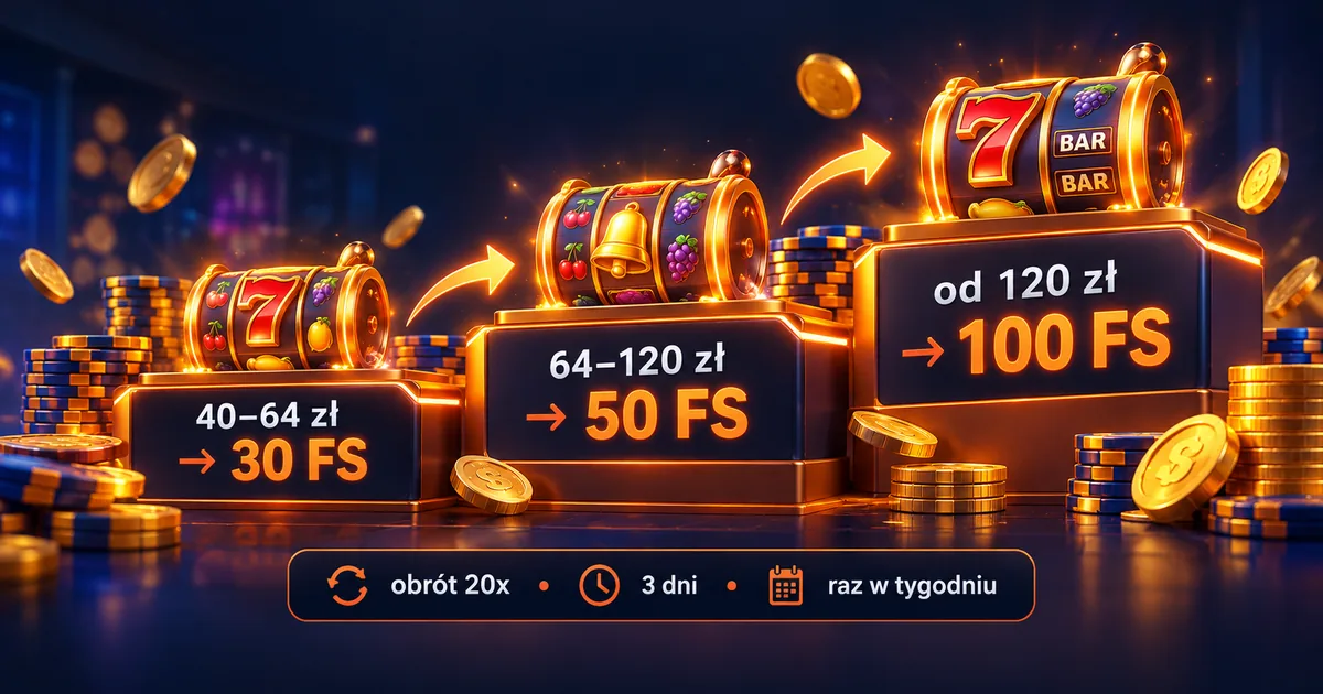 Progi wpłat na darmowe spiny w Bison Casino: 30 FS od 40 zł, 50 FS od 64 zł, 100 FS od 120 zł
