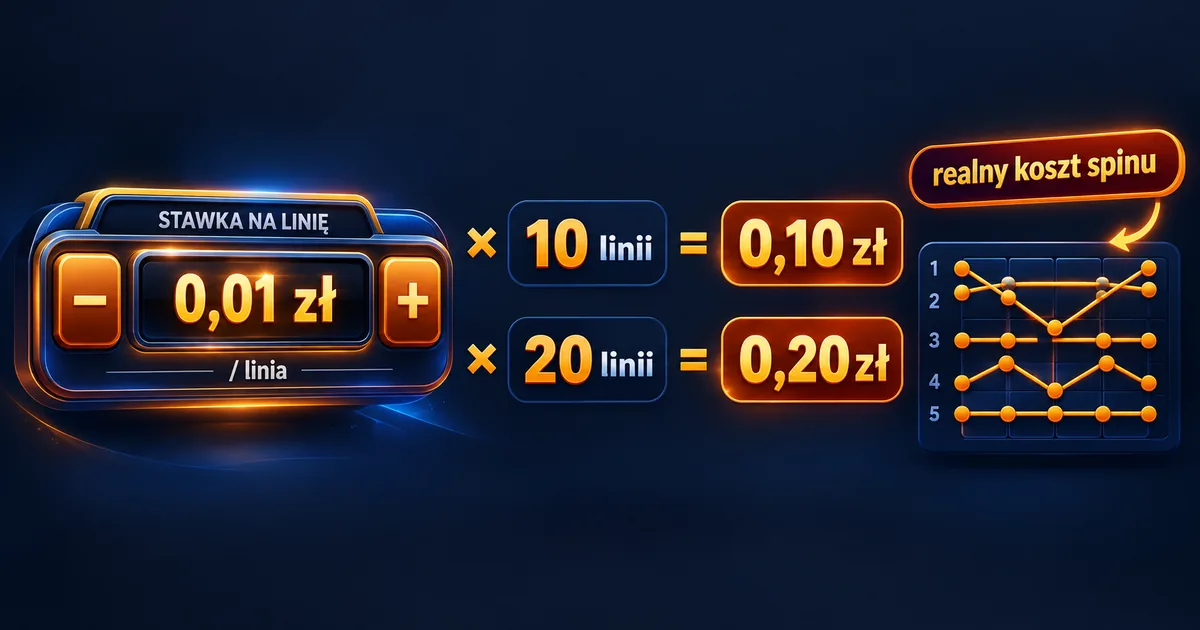 Infografika: stawka 0,01 zł na linię przy 10 i 20 liniach daje 0,10 zł i 0,20 zł za spin