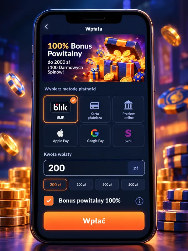 Wpłata BLIK w Bison Casino na telefonie z wyborem bonusu powitalnego w kasie