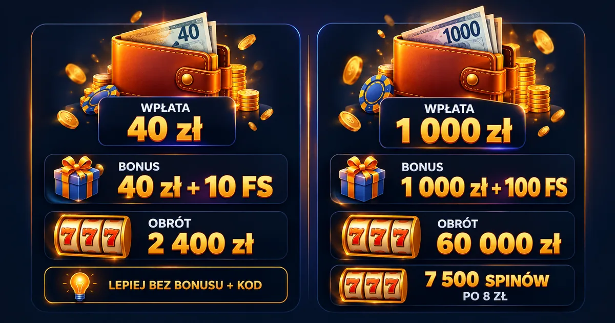 Infografika: który bonus Bison Casino wybrać przy wpłacie 40 zł i 1 000 zł
