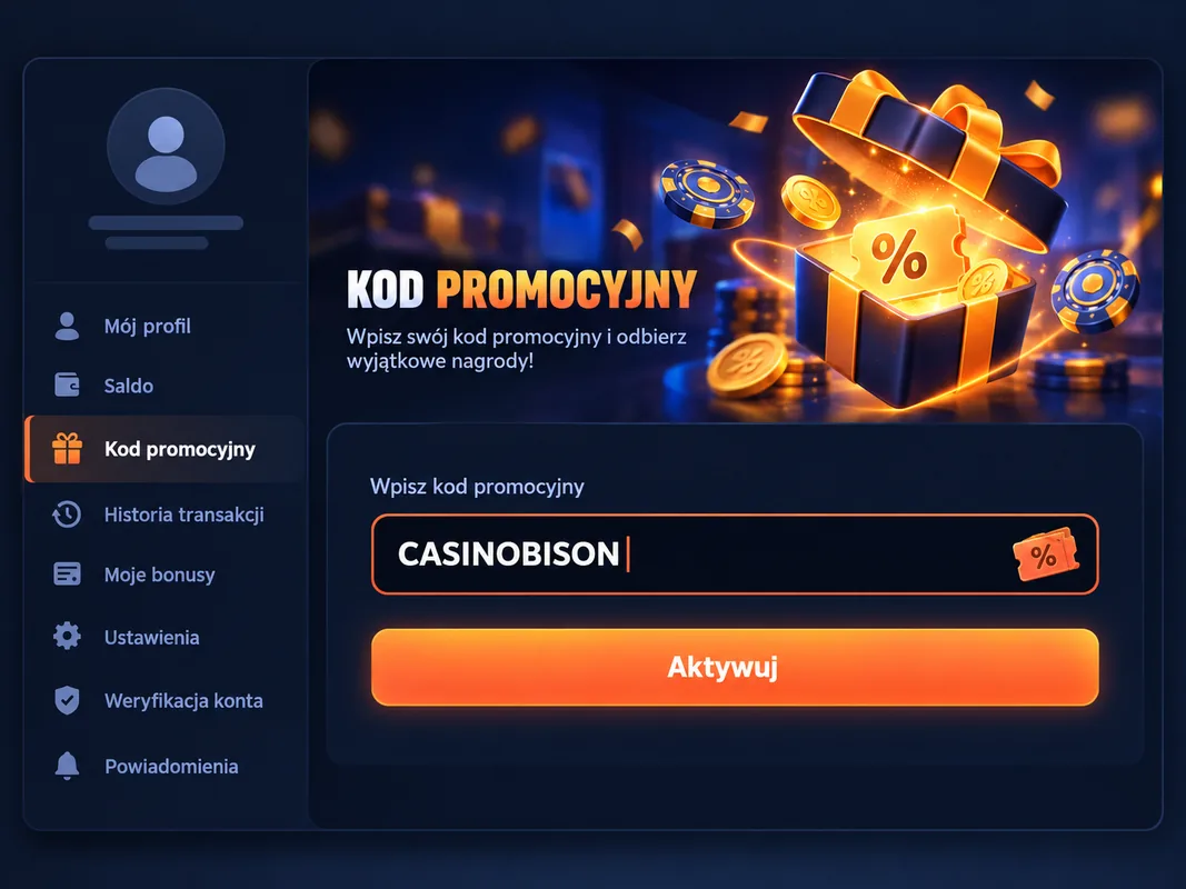 Pole Kod promocyjny w profilu gracza Bison Casino z wpisanym kodem CASINOBISON