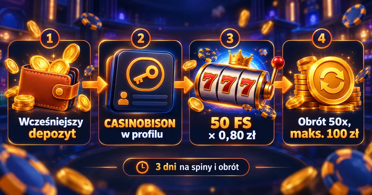 Schemat działania kodu CASINOBISON: depozyt, kod w profilu, 50 FS, obrót 50x, wypłata do 100 zł